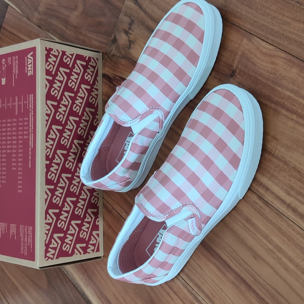 Vans Pink and White Gingham Slip-On Sneakers